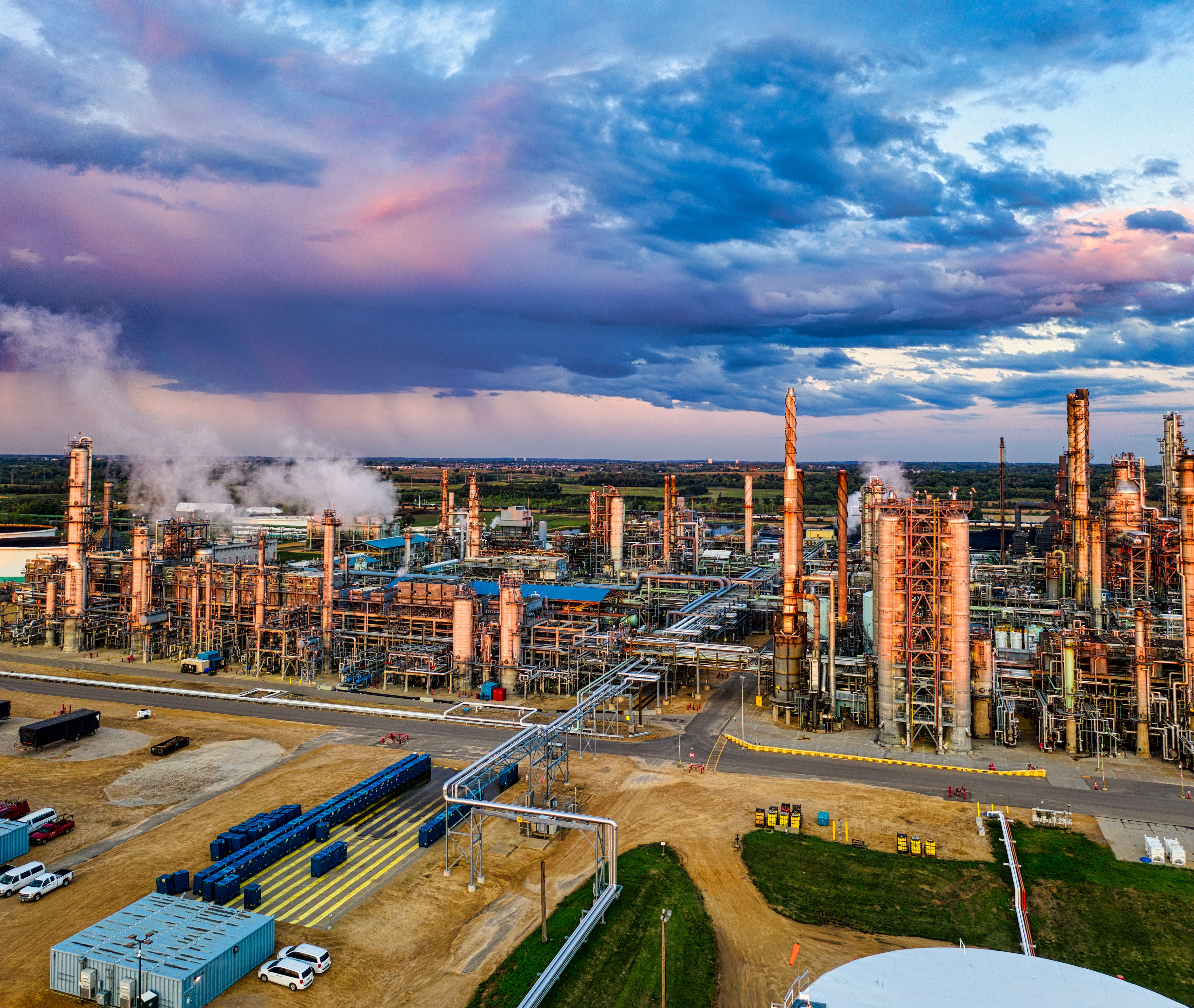Petroleum storage tanks, illustrative of refined product storage